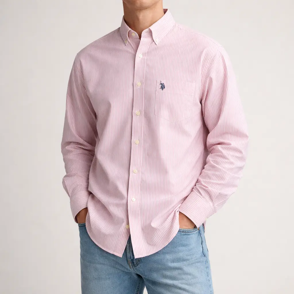 پیراهن صورتی راه‌راه مردانه استوک اورجینال U.S. POLO ASSN | استوک مارک باز