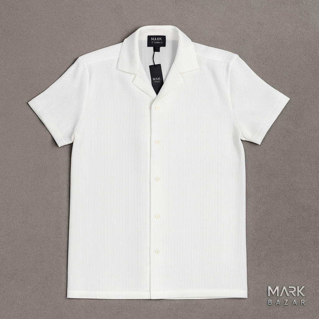 پیراهن آستین کوتاه پلیسه‌ای مردانه بوهو‌من سفید | استوک مارکباز