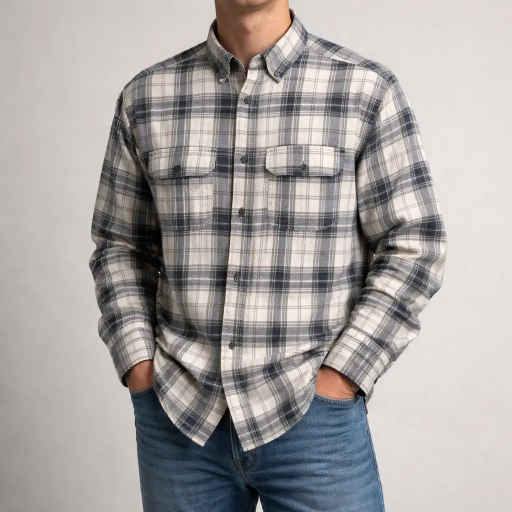 پیراهن چهارخانه فلانل طوسی سفید استوک اورجینال سایز S | استوک مارک باز
