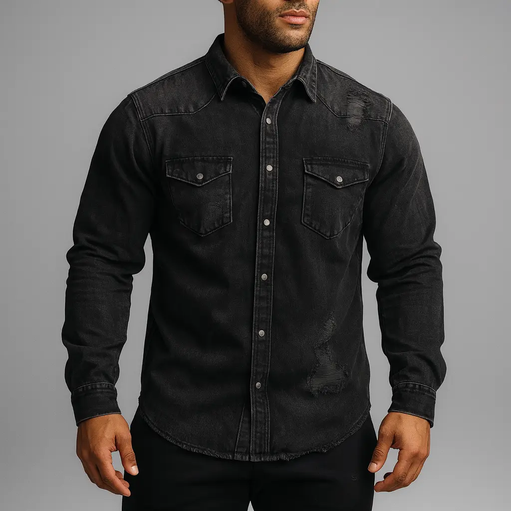پیراهن جین مشکی دیسترس مردانه استوک اورجینال | استوک مارکباز