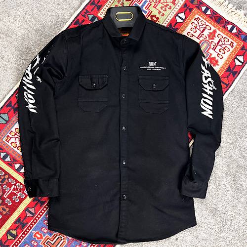 پیراهن کتان کشی مشکی  نوجوان طرح دار | استوک اورجینال | استوک مارک باز