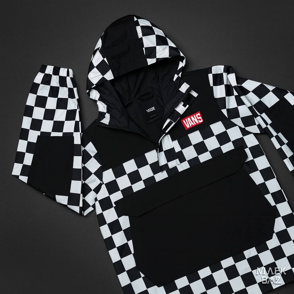 بادگیر نیم‌زیپ برند ونس Vans مدل Checkerboard مشکی سفید