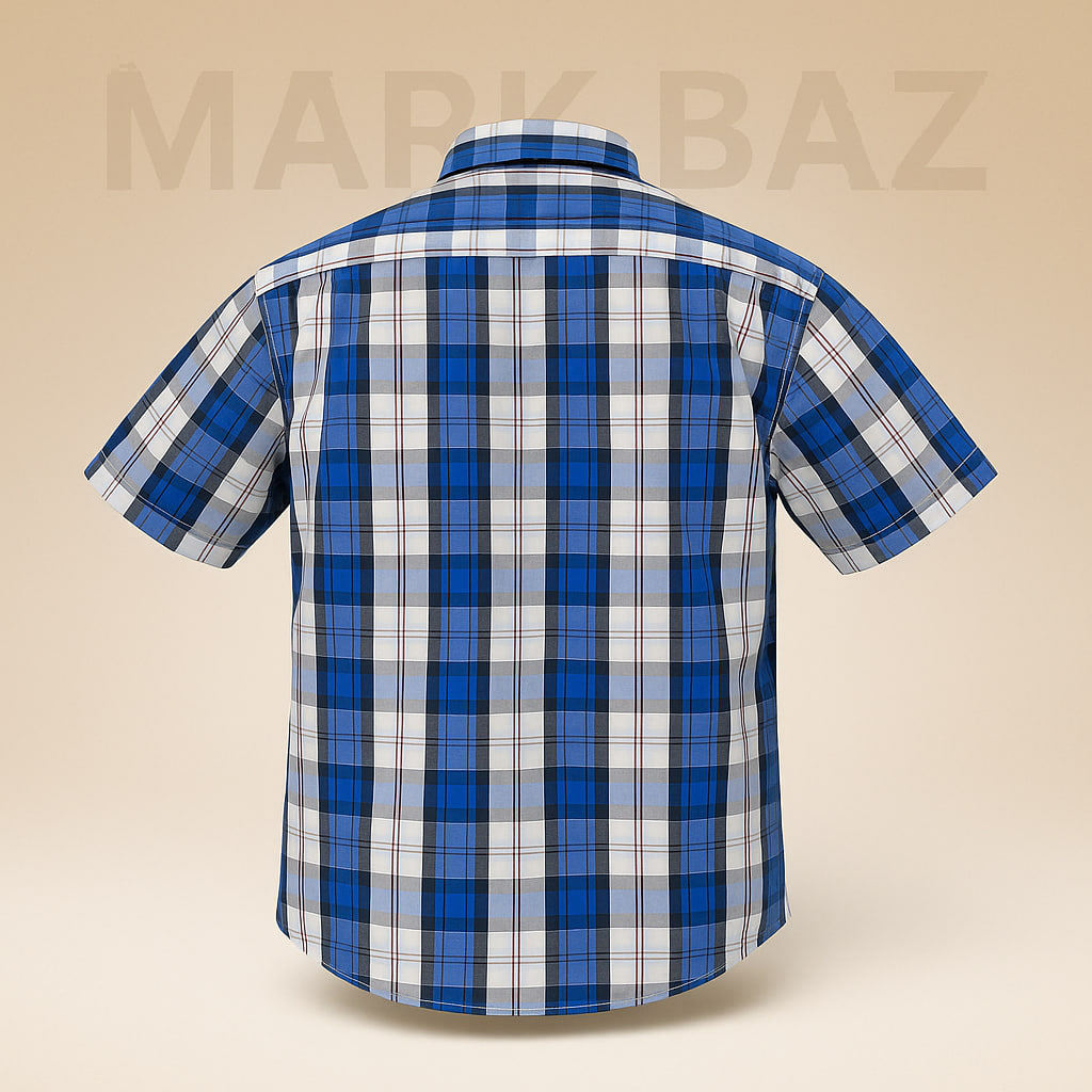 خرید پیراهن مردانه چهارخانه نخی آستین کوتاه اورجینال Infinity Man | سفید و آبی با خطوط قرمز | کیفیت سوپر کرم با ضمانت اصالت – استوک مارک باز