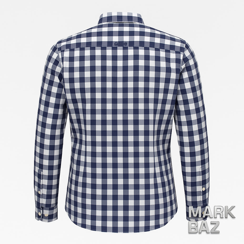 پیراهن مردانه Gaastra آستین بلند چهارخانه سفید و سرمه‌ای از جنس 100٪ کتان نخی اورجینال | برند هلندی ساخت هند با گلدوزی دریانوردی و کیفیت سوپرکرم