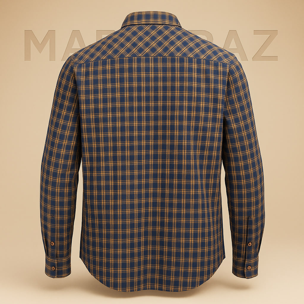 پیراهن مردانه چهارخانه سرمه‌ای و خردلی ETEN اصل هند | 100% کتان خالص خنک، سایز L با ضمانت اورجینال بودن