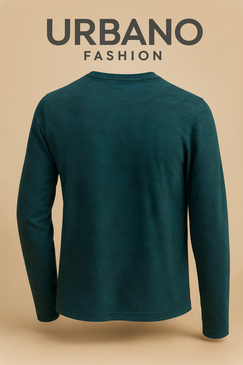 خرید تی‌شرت آستین بلند مردانه Urbano Fashion اصل هندی، طرح برگ استوایی سبز نفتی، جنس 100٪ کتان ضدتعریق در حد آکبند مناسب استایل روزانه و اسپرت