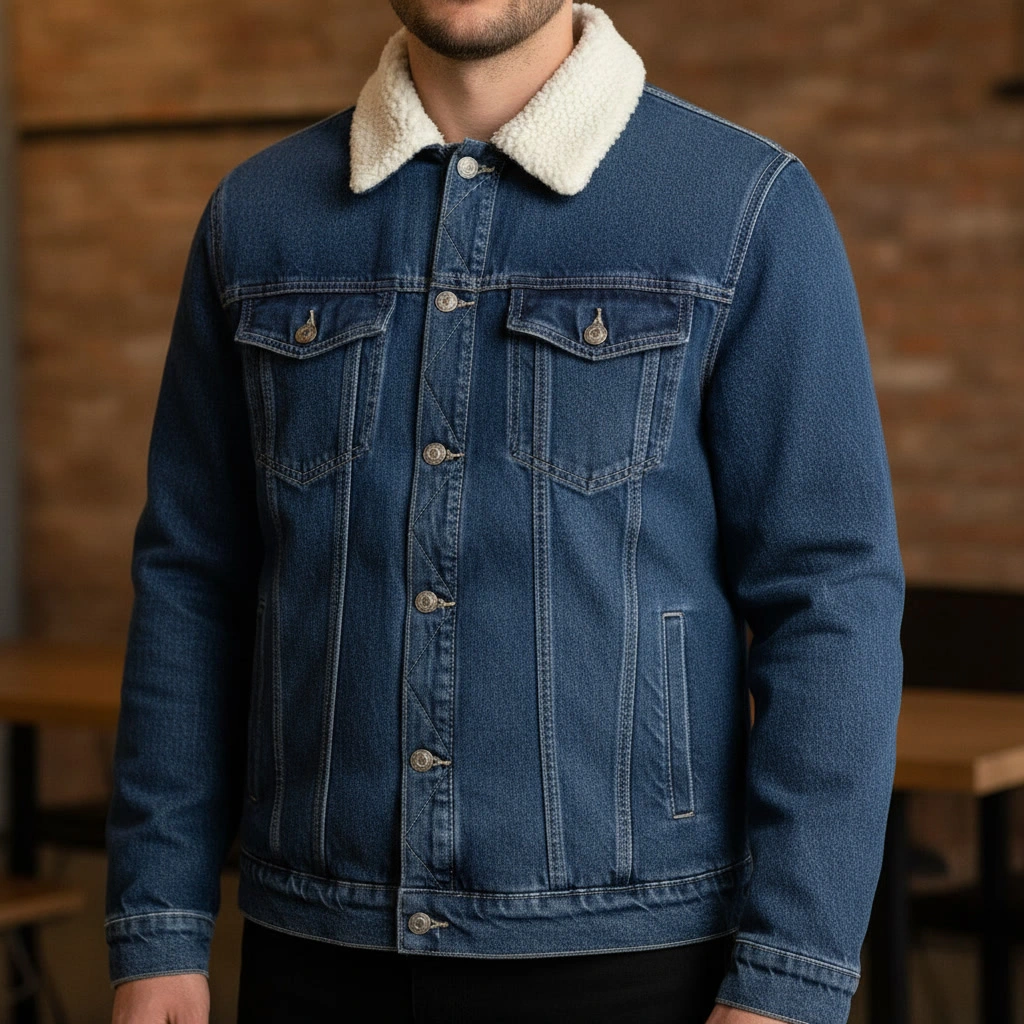 کاپشن جین برشکا مردانه با یقه خزدار – سایز XL (استوک اروپایی)