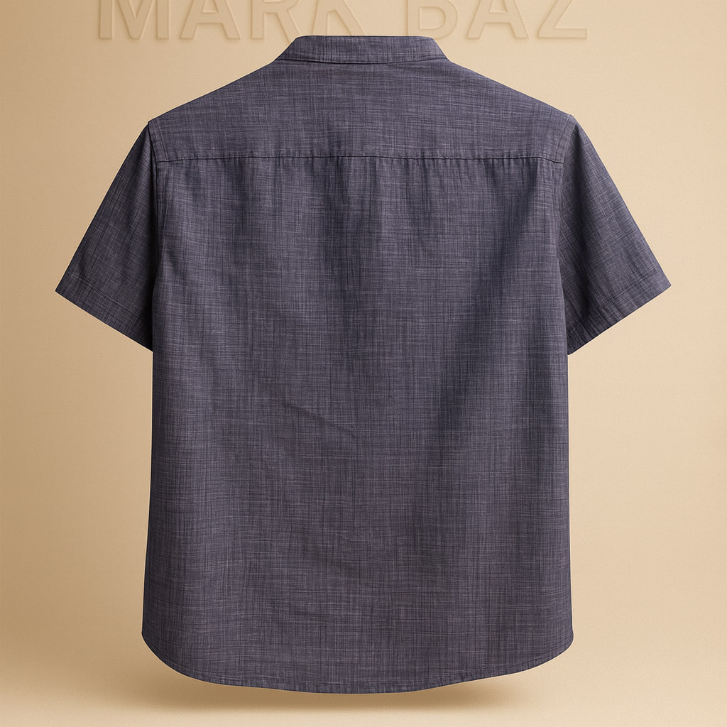 «پیراهن مردانه آستین کوتاه کنفی سرمه‌ای تیره از جنس 100٪ کتان لینن، اورجینال و در حد آکبند با ضمانت اصالت – انتخابی شیک برای استایل روزانه و رسمی»
