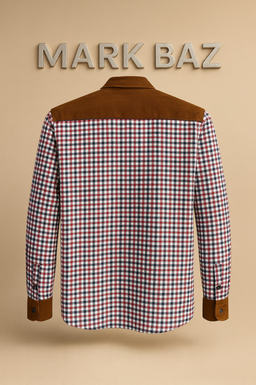 پیراهن کاستوم مردانه چهارخانه با یقه و سرشانه مخمل کبریتی قهوه‌ای، (غیر اورجینال) – طراحی خاص و تک‌پسند