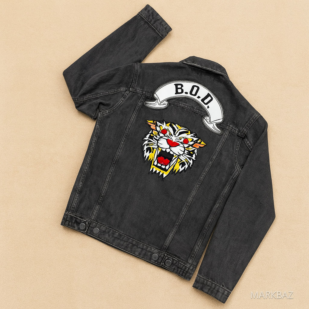 کت جین مشکی مردانه JACK & JONES با گلدوزی ببر و دکمه‌های فلزی اورجینال