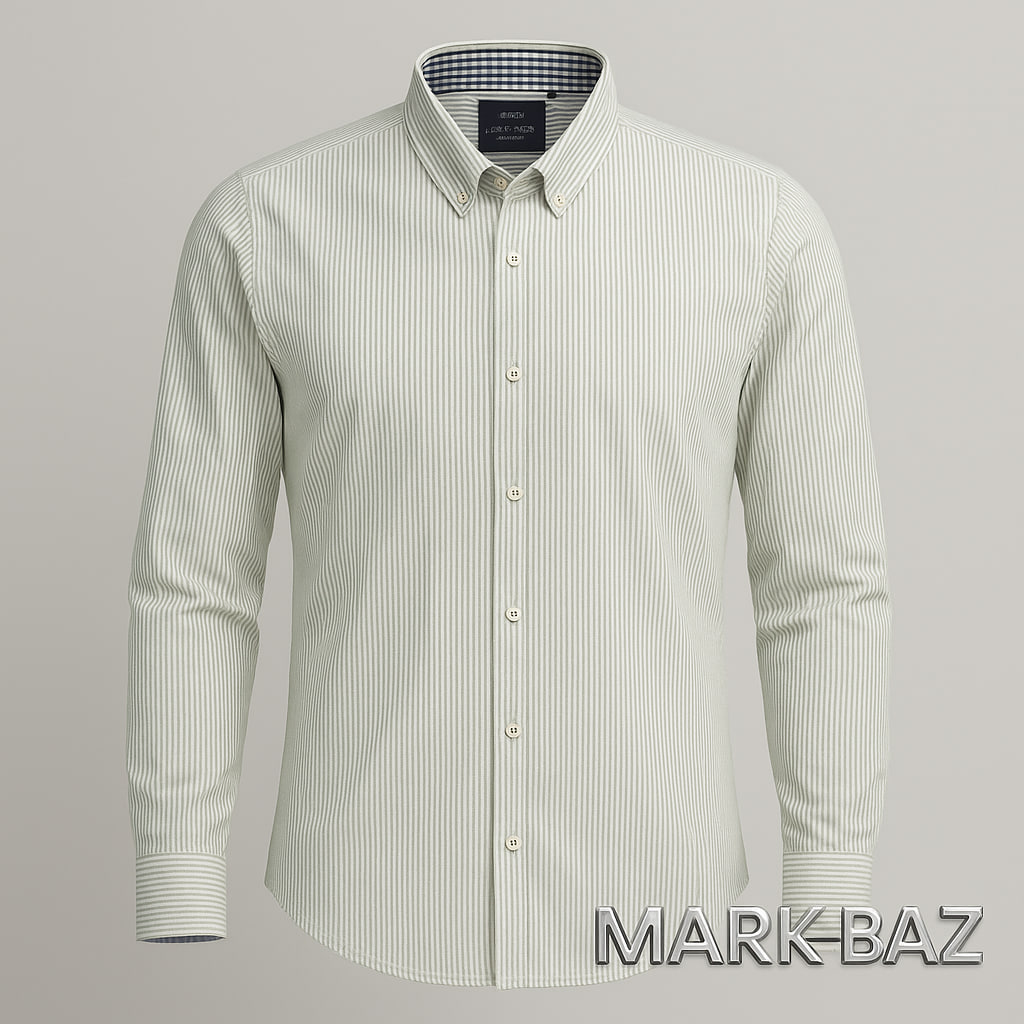 پیراهن مردانه ANTELOPUS آستین بلند راه‌راه عمودی سبز و سفید از جنس 100٪ کتان نخی اورجینال ساخت چین | مناسب استایل روزانه و اسپرت