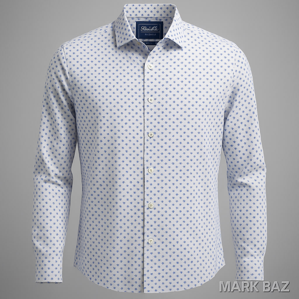 پیراهن مردانه Berta Lucci طرح گل‌ریز سفید و آبی مدل Slim Fit سایز XL با ضمانت اورجینال