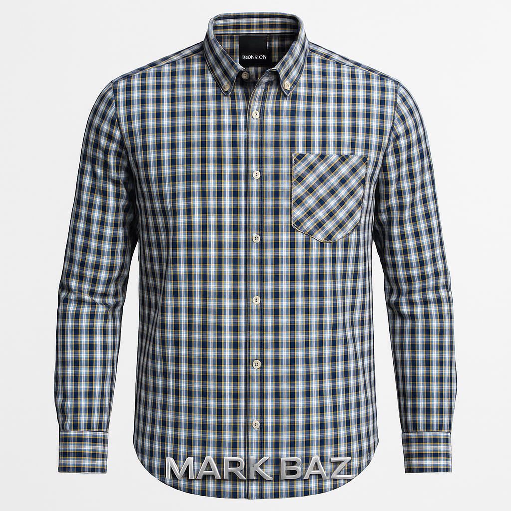 پیراهن مردانه چهارخانه BRONSON آستین بلند کتان نخی اورجینال | برند چینی با دوخت بی‌نظیر، رنگ سرمه‌ای و زرد مناسب استایل روزانه و اسپرت