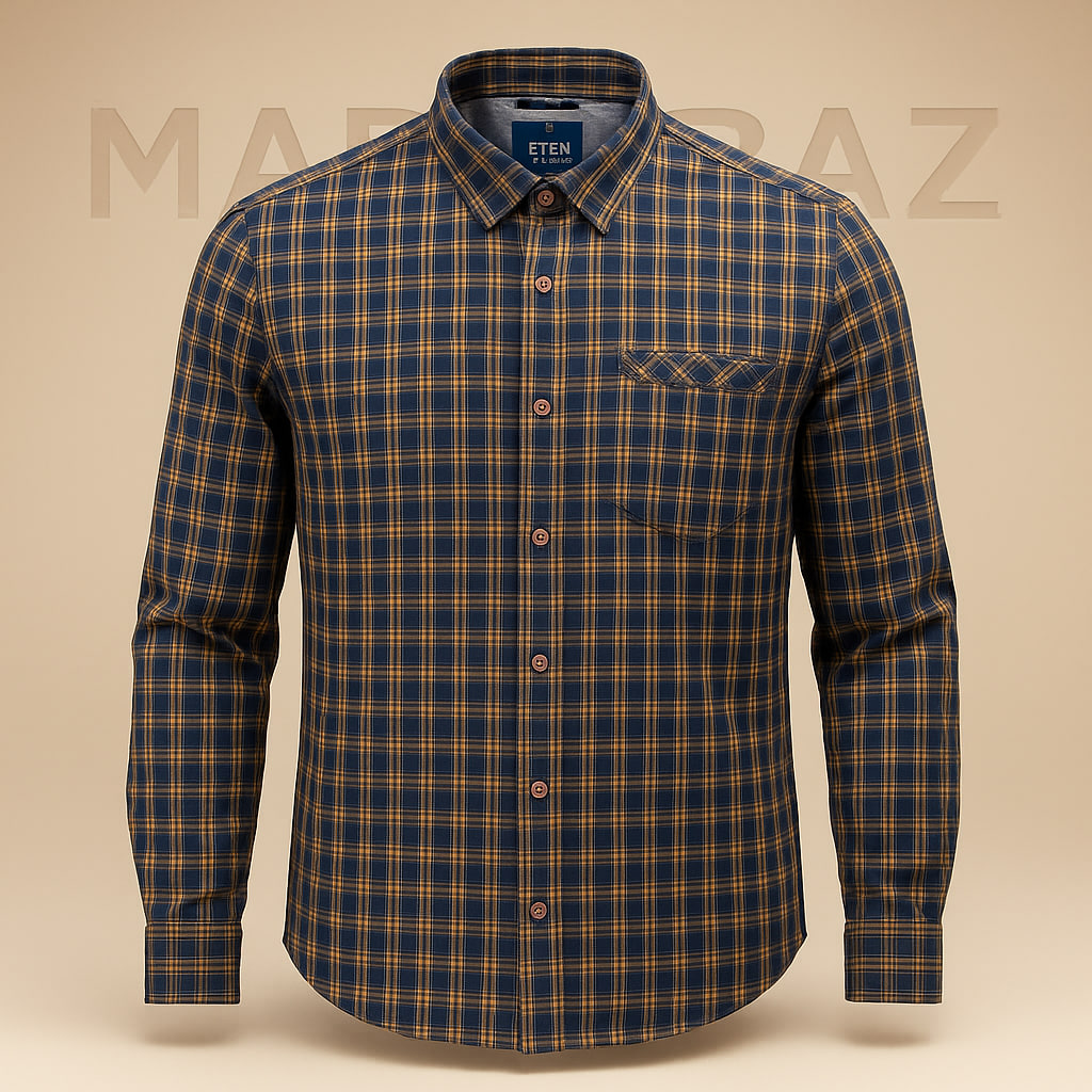 پیراهن مردانه چهارخانه سرمه‌ای و خردلی ETEN اصل هند | 100% کتان خالص خنک، سایز L با ضمانت اورجینال بودن