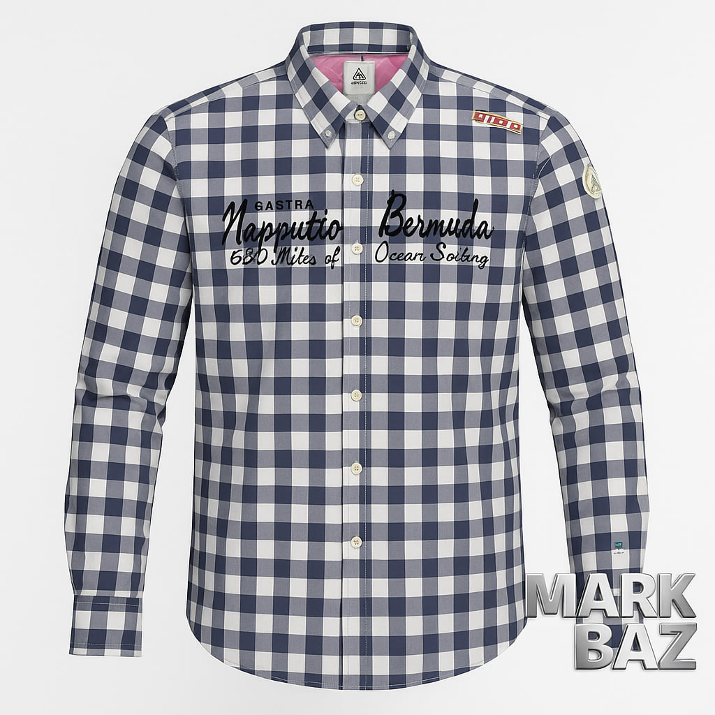 پیراهن مردانه Gaastra آستین بلند چهارخانه سفید و سرمه‌ای از جنس 100٪ کتان نخی اورجینال | برند هلندی ساخت هند با گلدوزی دریانوردی و کیفیت سوپرکرم