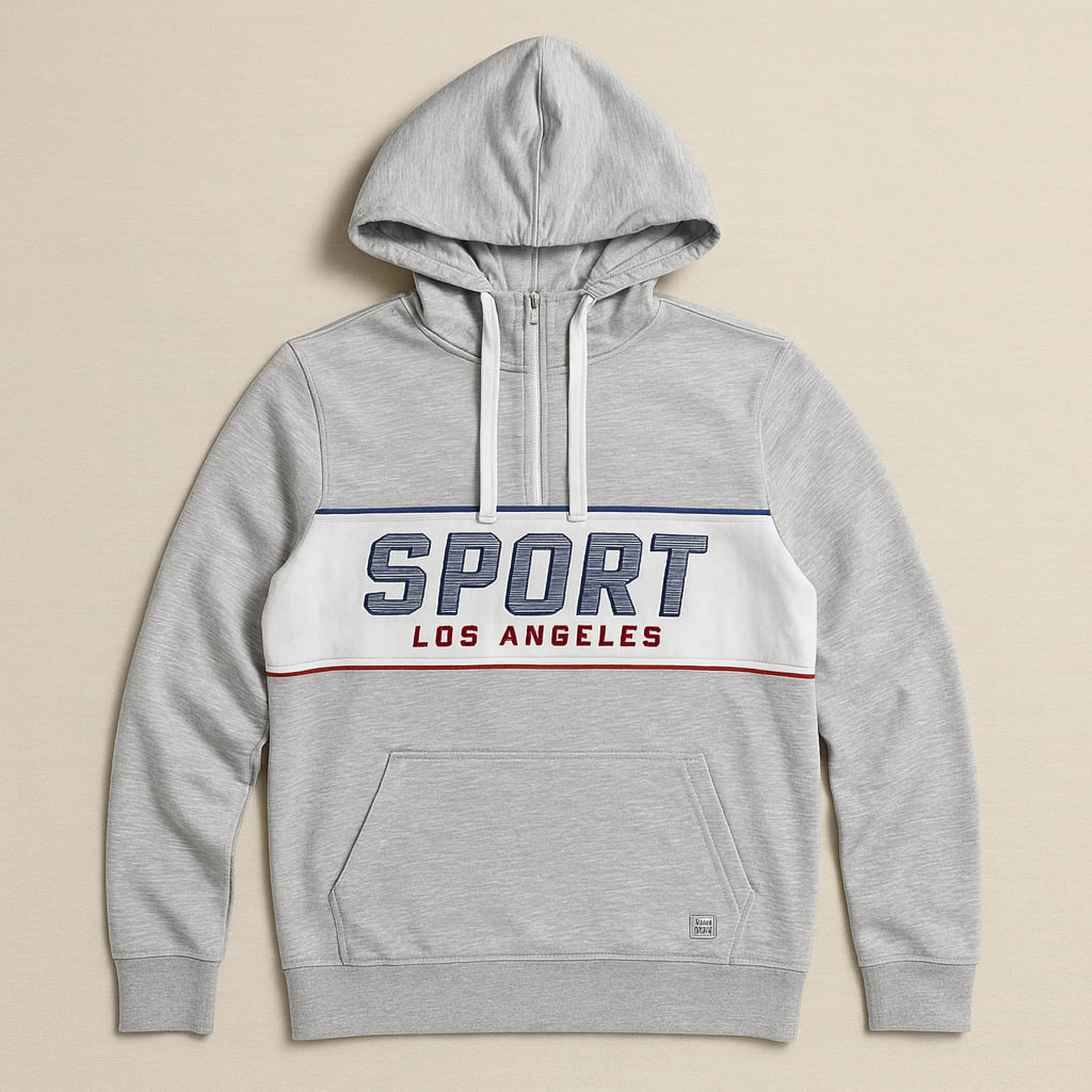 هودی نیم‌زیپ کرمی مردانه مدل SPORT LOS ANGELES | استوک اورجینال سوپرکرم