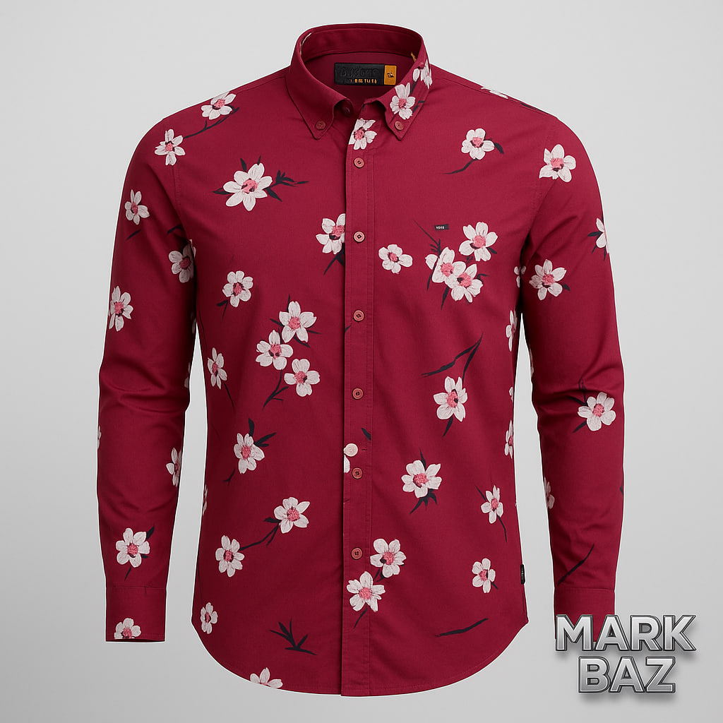 پیراهن مردانه گلدار IKEF آستین بلند زرشکی از جنس 100٪ کتان نخی اورجینال | برند هندی ساخت هند با دوخت بی‌نظیر و کیفیت سوپرکرم