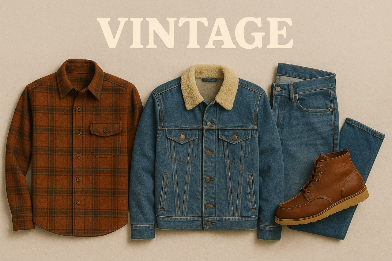 «ست کامل استایل وینتیج شامل پیراهن پشمی، کاپشن جین یقه خز، شلوار جین و بوت چرمی روی فلتلی برای معرفی پوشاک وینتیج»