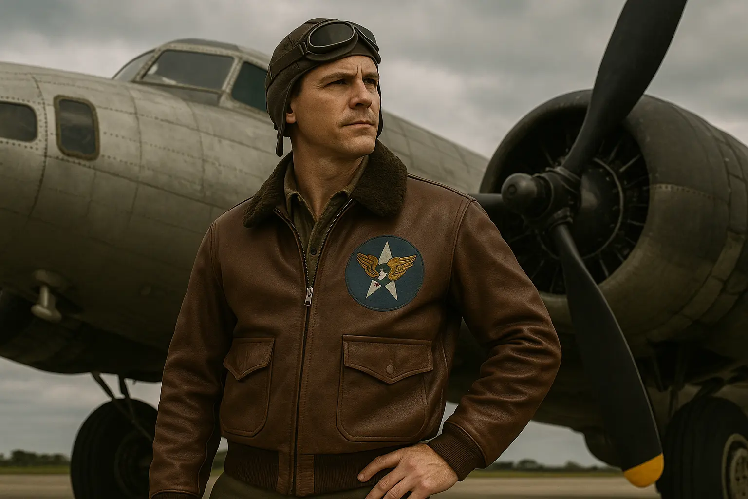 خلبان نیروی هوایی آمریکا در کنار یک بمب‌افکن جنگ جهانی دوم، با کاپشن چرمی بوفالوی کاستوم‌شده و نماد وینتیج نیروی هوایی