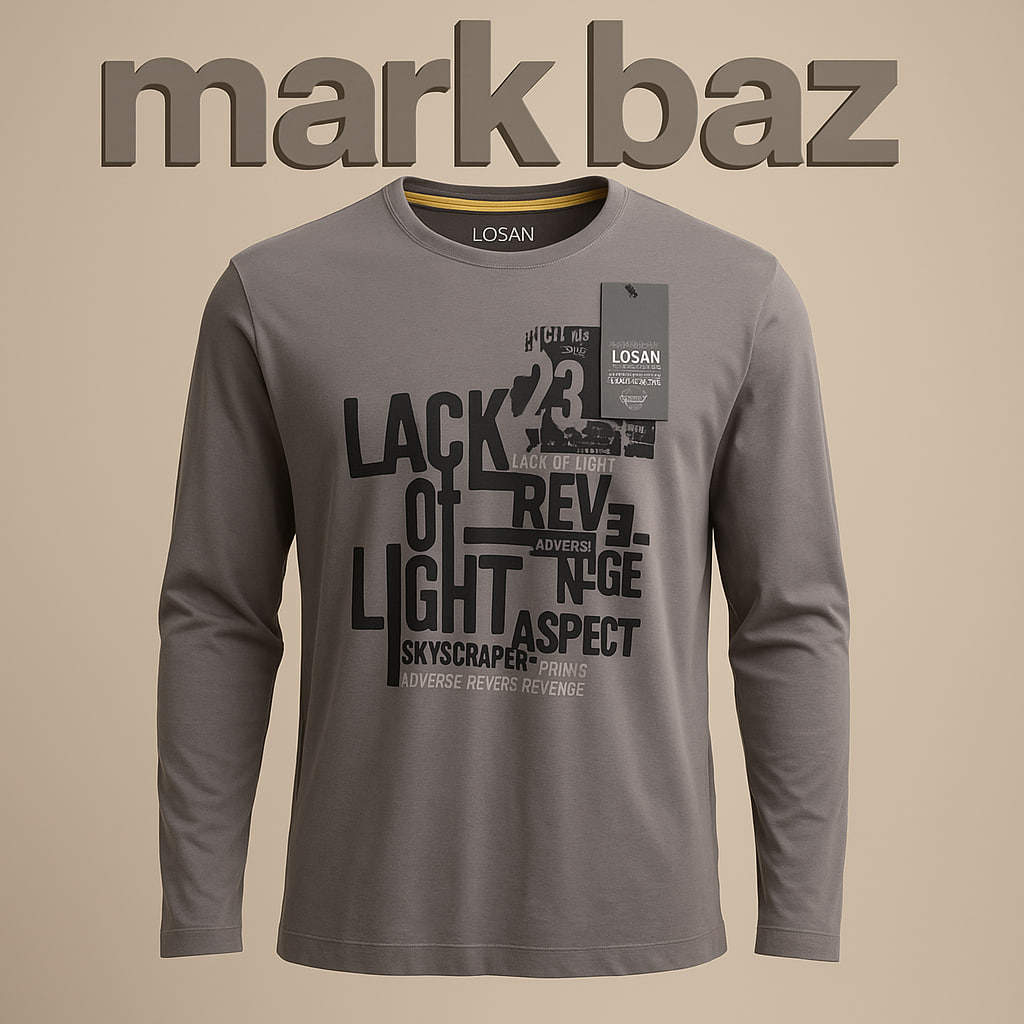 تیشرت آستین بلند مردانه اورجینال لوسان (LOSAN) رنگ طوسی طرح‌دار | جنس 100% کتان نخی، آکبند، کیفیت ضمانتی و مناسب استایل اسپرت و روزانه