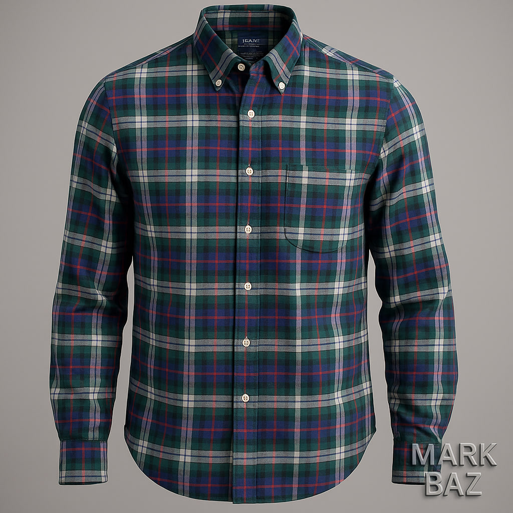 پیراهن چهارخانه مردانه J.CREW اورجینال آمریکا – 100% کتان پشمی سبز سرمه‌ای قرمز | مناسب استایل رسمی و اسپرت