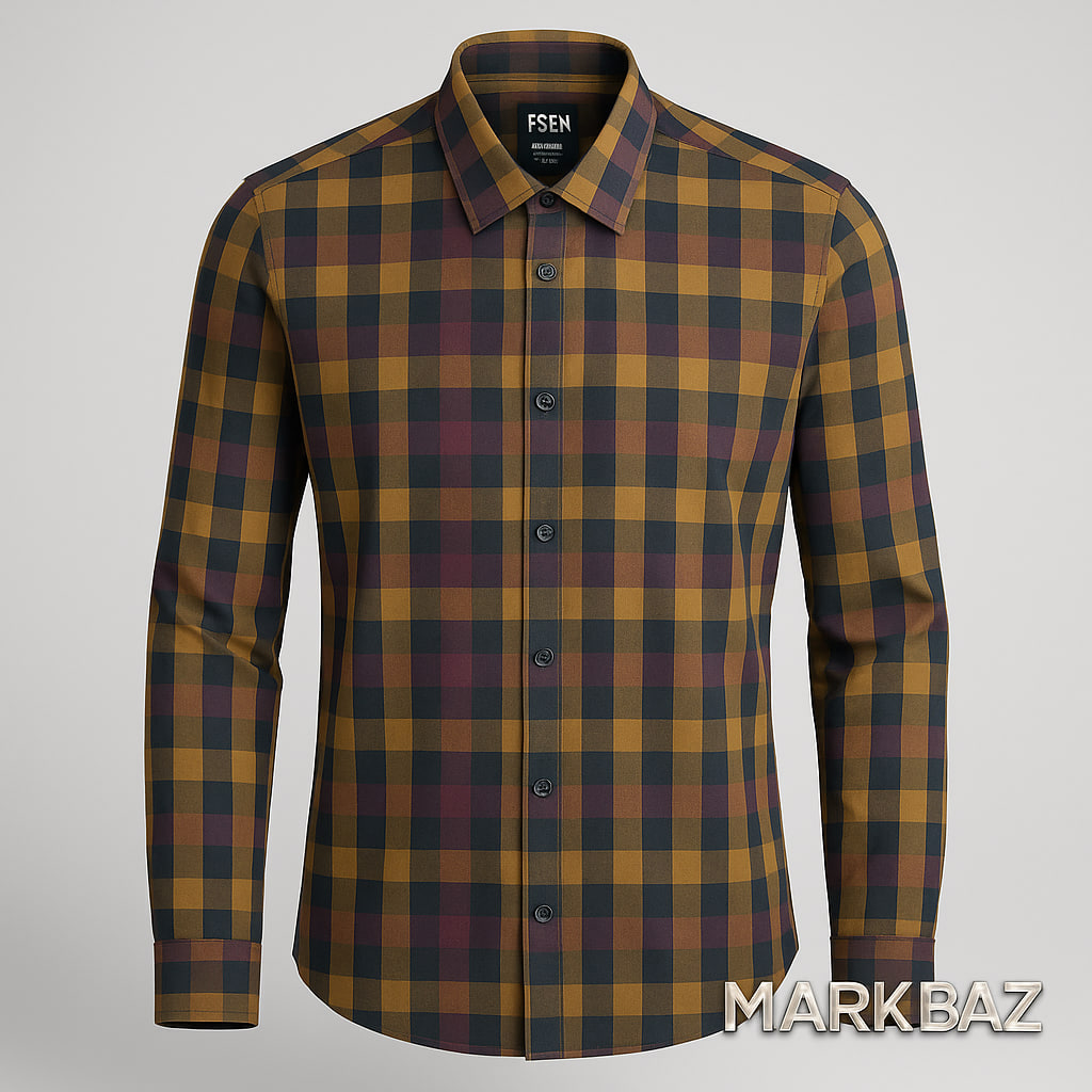 پیراهن مردانه چهارخانه FSBN آستین بلند نخی سایز لارج – طرح ترکیبی خردلی، بنفش و مشکی با دوخت اورجینال، دکمه‌های زاپاس و ضمانت اصالت کالا مناسب استایل روزانه و رسمی