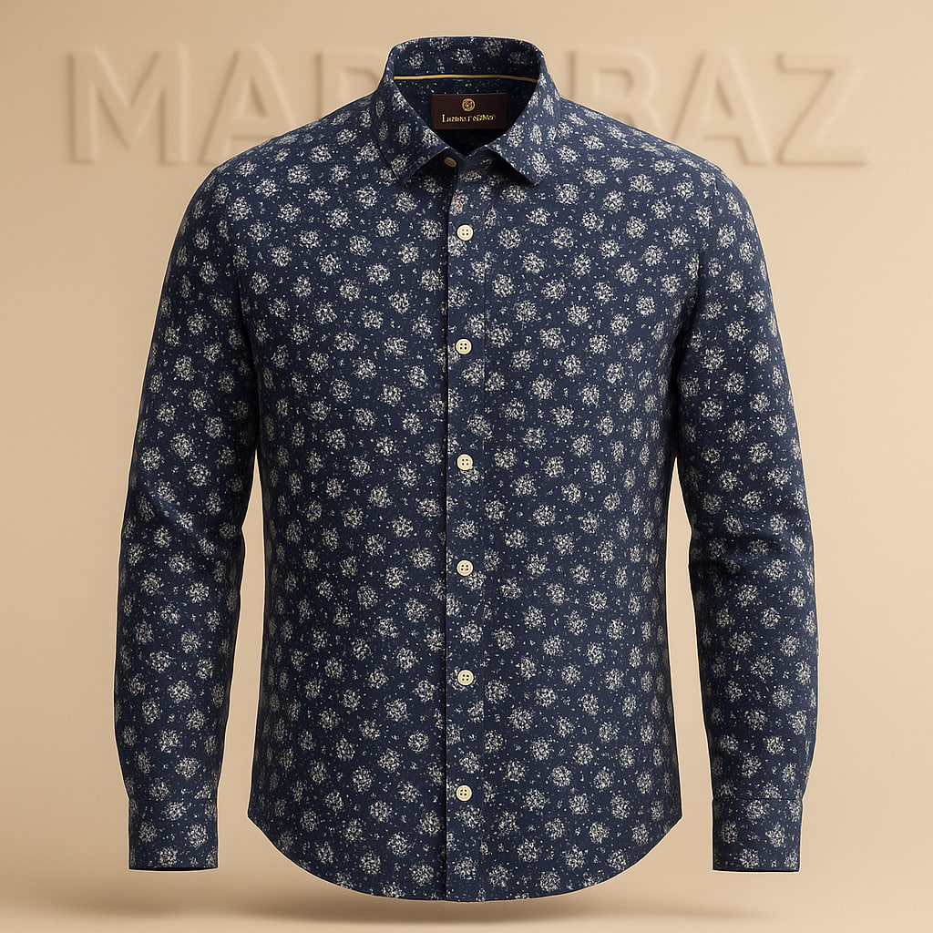 خرید پیراهن مردانه آستین بلند گلدار سرمه‌ای برند Denim & Flower، مدل اسلیم‌فیت از جنس 100٪ کتان اورجینال (سایز L) | مارک باز