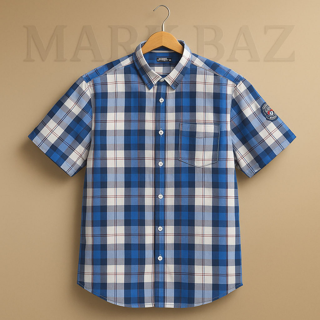 خرید پیراهن مردانه چهارخانه نخی آستین کوتاه اورجینال Infinity Man | سفید و آبی با خطوط قرمز | کیفیت سوپر کرم با ضمانت اصالت – استوک مارک باز