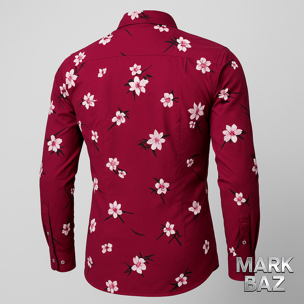 پیراهن مردانه گلدار IKEF آستین بلند زرشکی از جنس 100٪ کتان نخی اورجینال | برند هندی ساخت هند با دوخت بی‌نظیر و کیفیت سوپرکرم