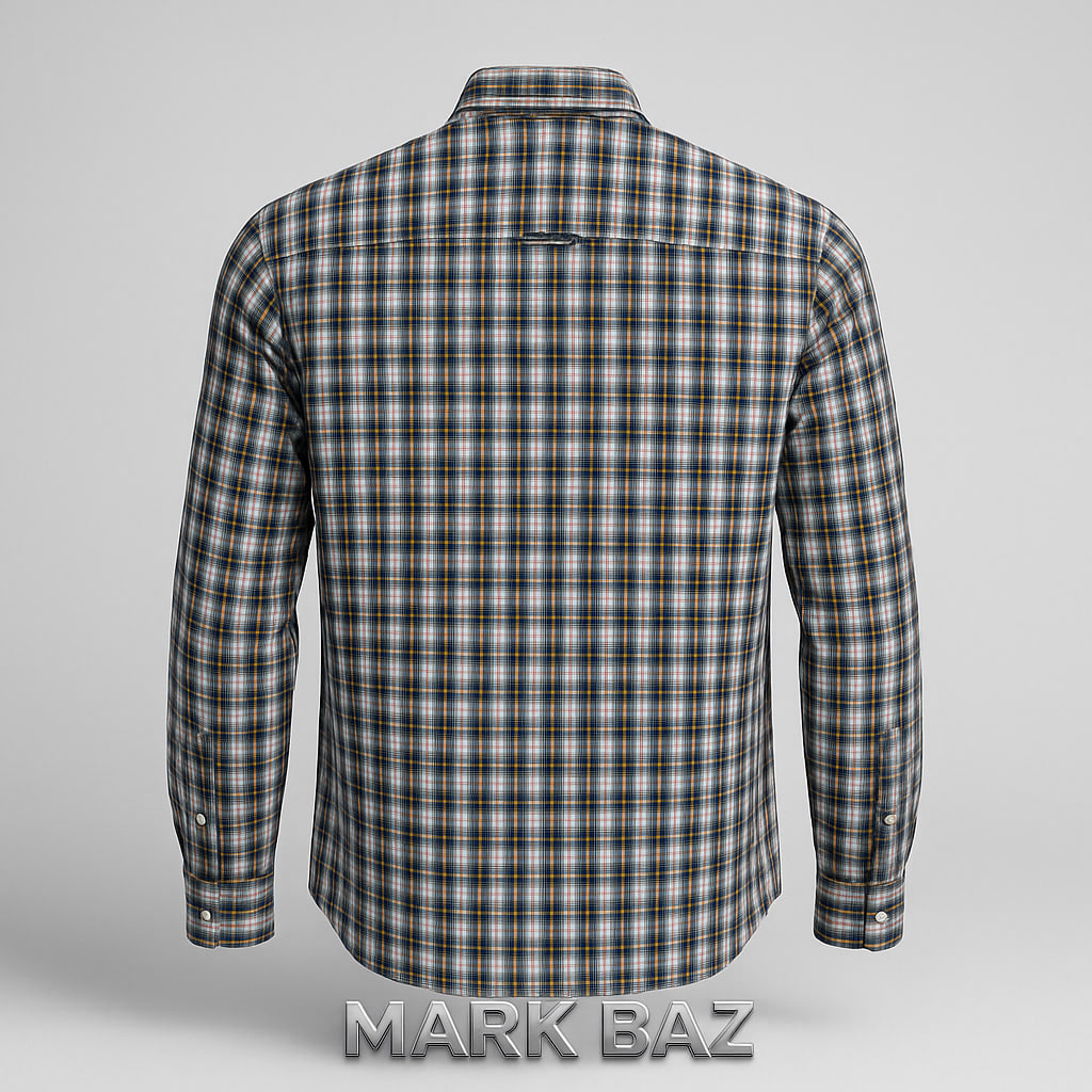 پیراهن مردانه چهارخانه BRONSON آستین بلند کتان نخی اورجینال | برند چینی با دوخت بی‌نظیر، رنگ سرمه‌ای و زرد مناسب استایل روزانه و اسپرت