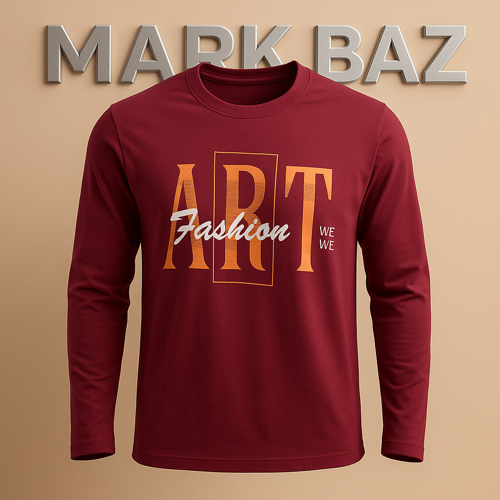 خرید تیشرت آستین بلند یقه گرد مردانه Urban Track رنگ زرشکی با طرح چاپی ART Fashion ساخت هند – کیفیت سوپرکرم در حد آکبند | فروشگاه استوک مارک باز