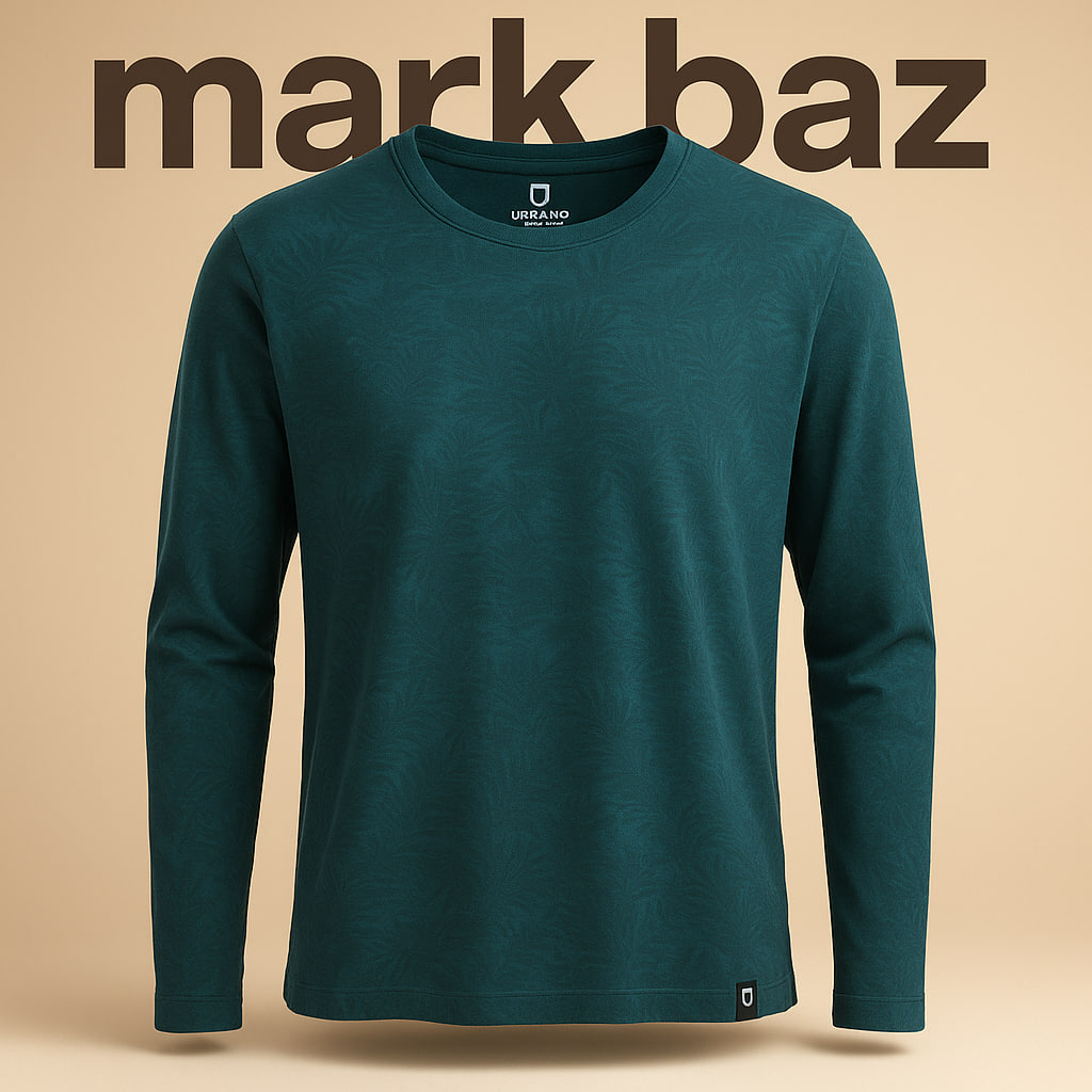 خرید تی‌شرت آستین بلند مردانه Urbano Fashion اصل هندی، طرح برگ استوایی سبز نفتی، جنس 100٪ کتان ضدتعریق در حد آکبند مناسب استایل روزانه و اسپرت