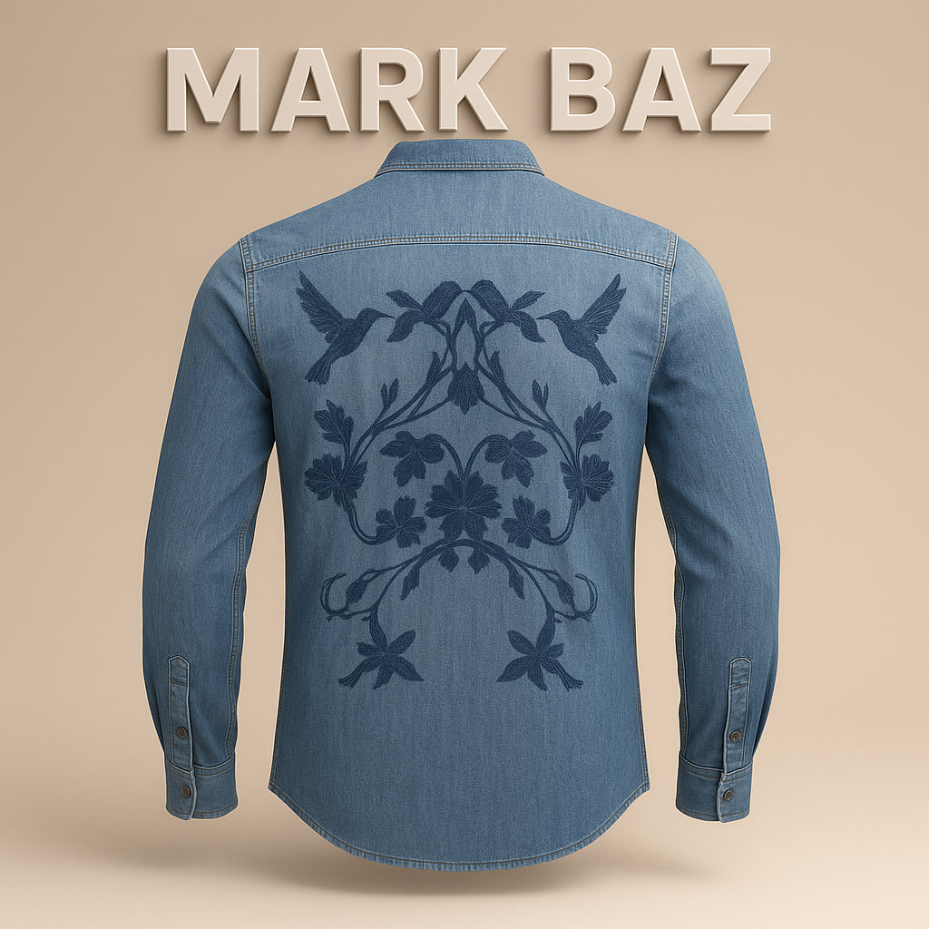 پیراهن جین مردانه Zara Man آبی با گلدوزی برجسته پشت | اورجینال، اسلیم فیت و در حد آکبند